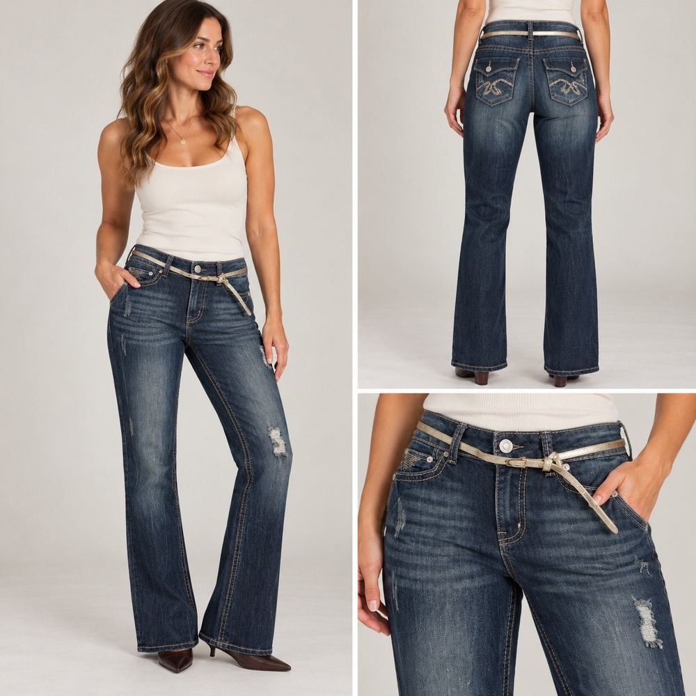 Mossimo Supply Co Bootcut Jeans Women 7 Dark Wash Low Rise Y2K Distressed Belt